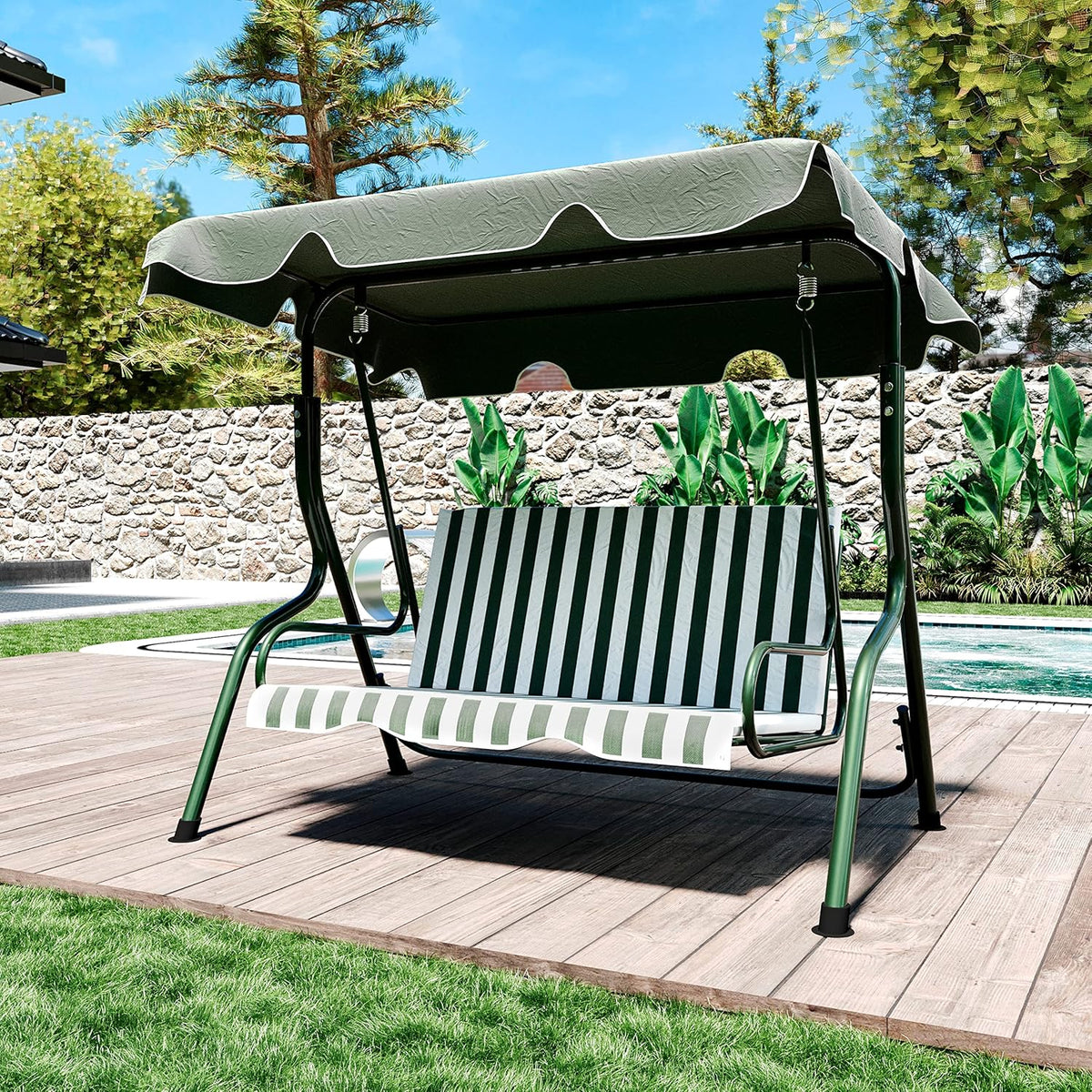 Schommelbank 3-zits met verstelbaar zonnedak, gevoerd kussen, robuust frame van gelakt staal, voor buiten, tuin, balkon, terras, zwembad, 170 x 110 x 153 cm (groen gestreept)
