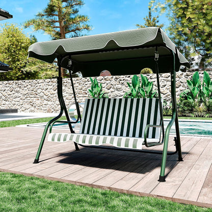 Schommelbank 3-zits met verstelbaar zonnedak, gevoerd kussen, robuust frame van gelakt staal, voor buiten, tuin, balkon, terras, zwembad, 170 x 110 x 153 cm (groen gestreept)