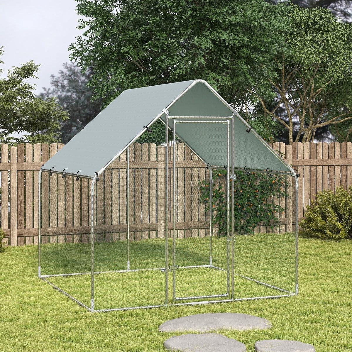 PawHut chicken coop 2x2x2m with access, galvanised steel, weatherproof UV roof, lockable door, chicken coop for rabbits, ducks, geese, silver - QUORE