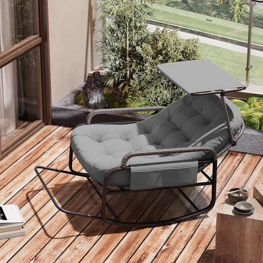Schommelstoel – Rattan Stoel – Schommelstoel Buiten – Relaxstoel – Ligstoel – Verstelbare Rugleuning – Zonneklep – Draagkracht 300 kg – Grijs