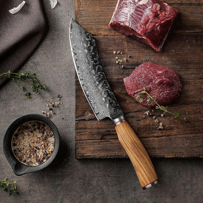 Wakoli Olive HS Damast Grill blokmes van echt damaststaal (VG10 kern), 20 cm lemmet, scherp en ergonomisch, damastmes met olijfhouten handvat in houten box, keukenmes en vleesmes voor grill