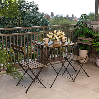 Set bistrood, 2 stoelen met klaptafel, ruimtebesparend, acaciahout en metaal, voor terras, tuin, balkon, outdoor, zwembad, terras, meubels, eenvoudig design, bruin