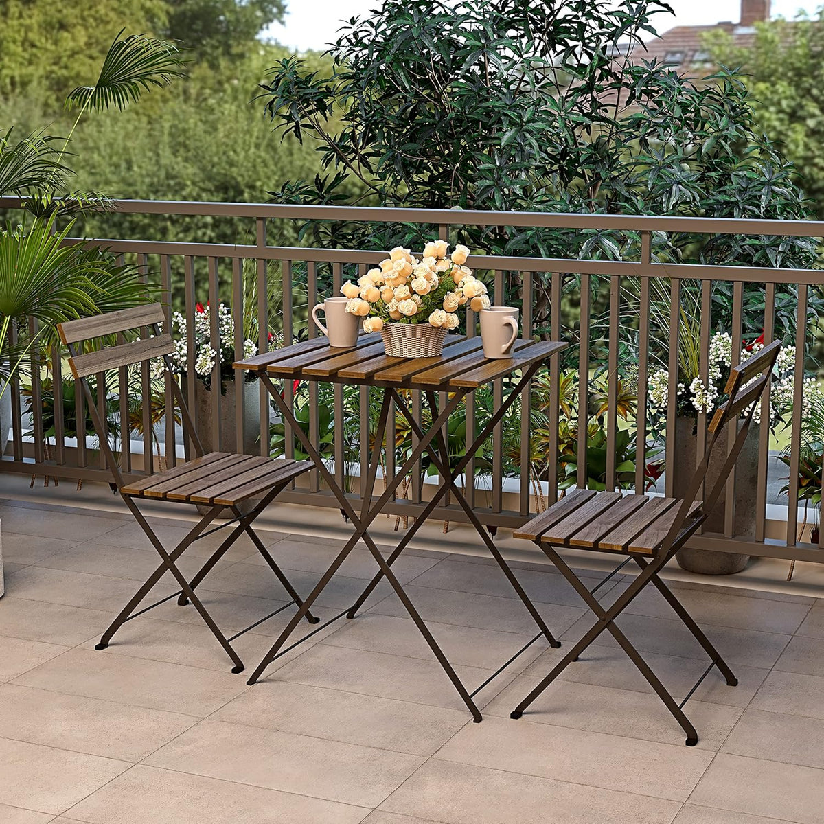 Set bistrood, 2 stoelen met klaptafel, ruimtebesparend, acaciahout en metaal, voor terras, tuin, balkon, outdoor, zwembad, terras, meubels, eenvoudig design, bruin
