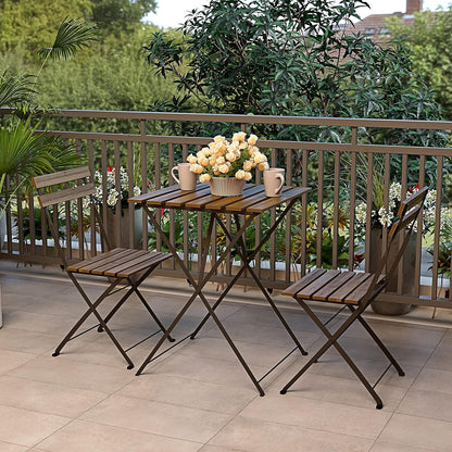 Set bistrood, 2 stoelen met klaptafel, ruimtebesparend, acaciahout en metaal, voor terras, tuin, balkon, outdoor, zwembad, terras, meubels, eenvoudig design, bruin
