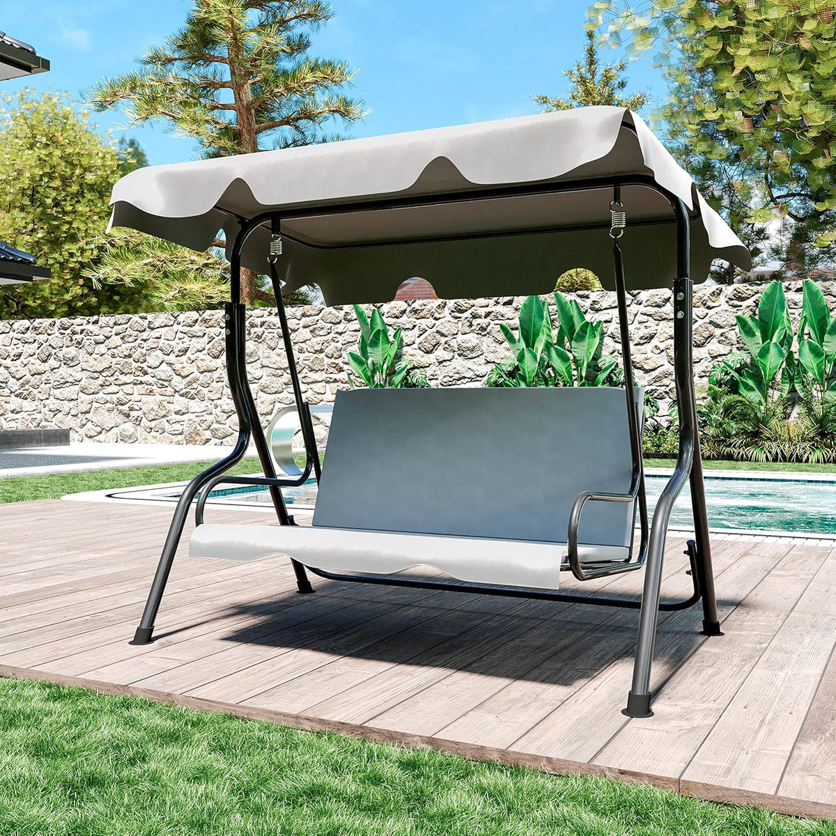 Schommelbank 3-zits met verstelbaar zonnedak, gevoerd kussen, robuust frame van gelakt staal, voor buiten, tuin, balkon, terras, zwembad, 170 x 110 x 153 cm (grijs)