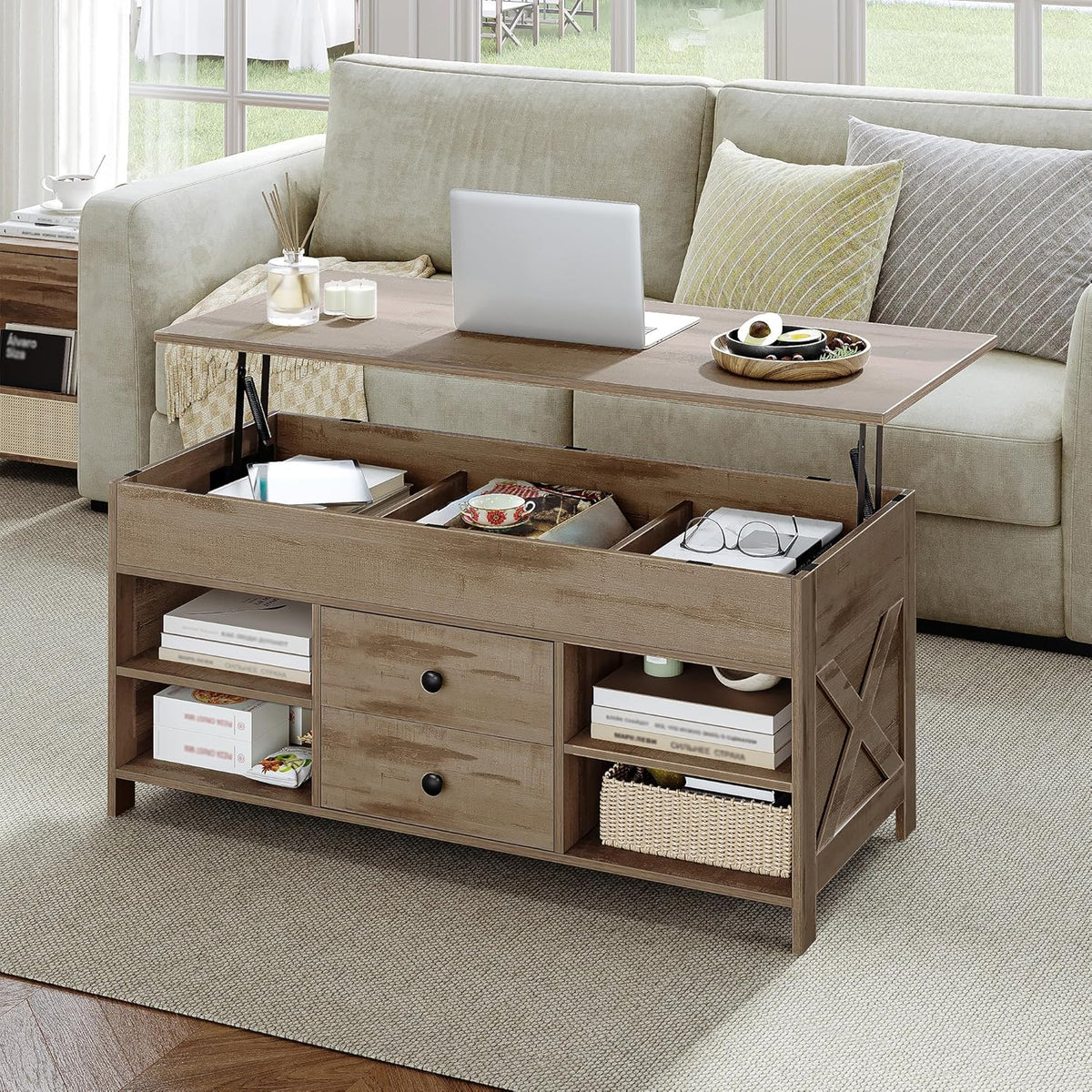 Hzuaneri Coffee Table, Height Adjustable Coffee Table, 2 Drawers and Hidden Storage with Folding Top, 50 x 100 x 47.3 cm, Suitable for Living Room, Dining Room, Camel Brown-Black CT22123B