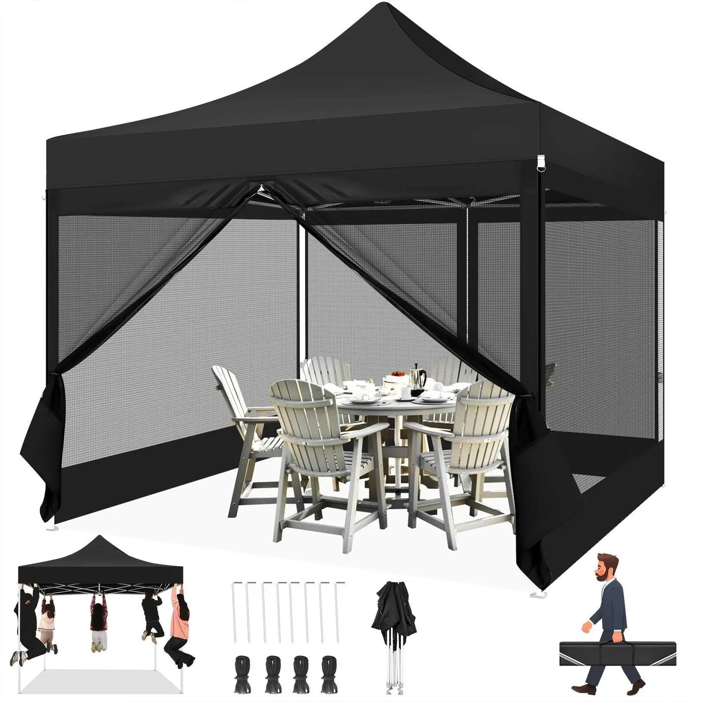 Opvouwbaar Tuinhuisje – Pop-Up Tent – Overkapping – Insectenbescherming – Waterdicht Oxford – Drie Verstelbare Hoogtes - Zwart - QUORE