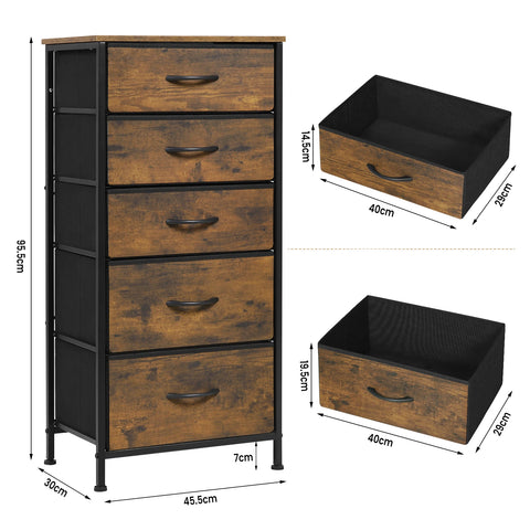 Ladenkast - Dressoir Kasten - Ladekast met 5 Stoffen Lades - Vintage Houtlook – Stabiele Opbergkast - Metaal Frame – Voor Slaapkamer - Woonkamer - Hal - 45.5x95.5 x30cm - Vintage Kleur