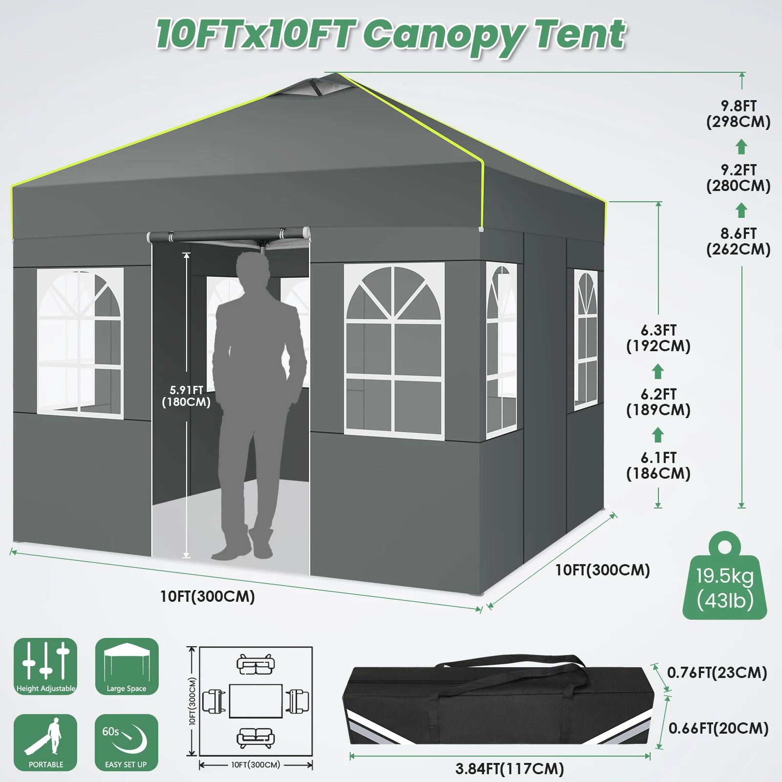 Partytent – Opzetbare Tent – Vouwtent – 3x3 Meter Partytent – Waterbestendig Oxford Doek – Verstelbare Hoogte-  Grijs - QUORE