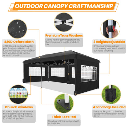 Vouwwagen – Pop-Up Tent – Opvouwbare Tent – Buiten Tent – Waterafstotend Oxford – 3x6 Meter – 6 Afneembare Zijwanden - Zwart