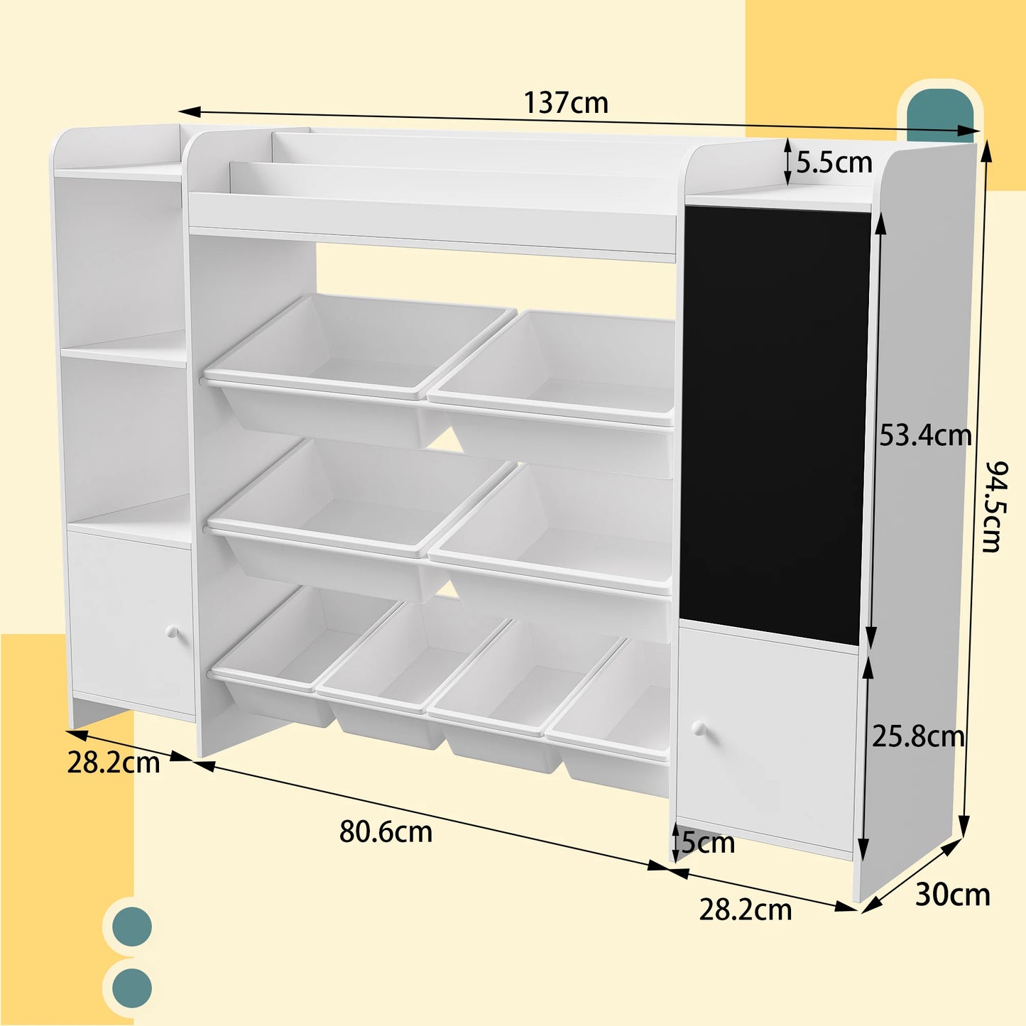 Kinderboekenplank – Kinderboekenrek – Speelgoedkast – Opbergrek Kind – Boekenkast Kinderkamer – Met Krijtbordwand – Afmetingen 137x30x94,5 cm – Veilig Milieuvriendelijk Hout