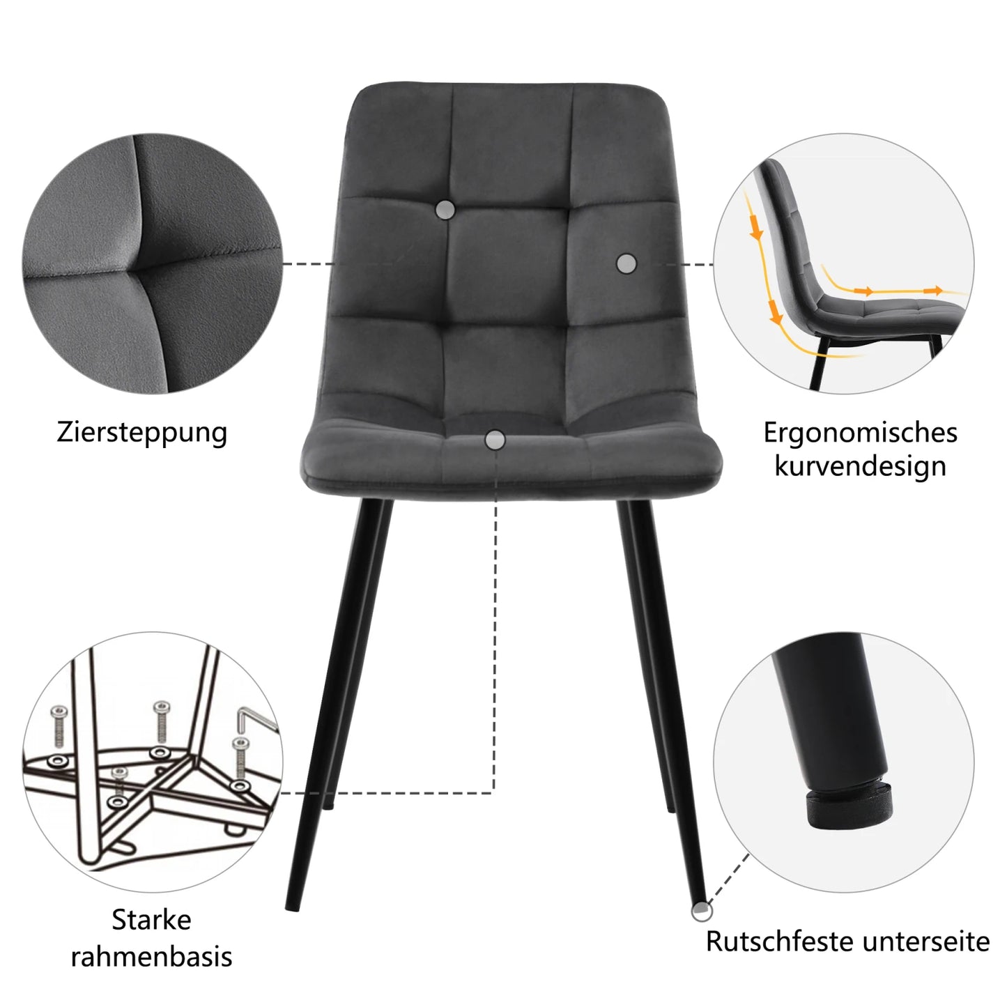 Eetkamerstoelen – Kuipstoelen – Keukenstoelen – Gestoffeerde Stoelen – Stoelen Met Rugleuning – Luxe Velvet Bekleding – Stevig Metalen Onderstel – Set Van 4 – Grijs - QUORE