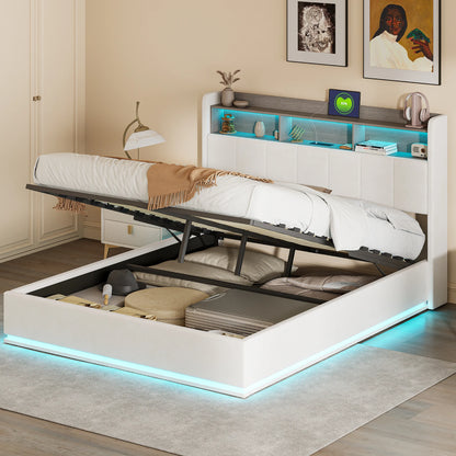 Boxspring 160x200 cm – Tweepersoonsbed – Gestoffeerd Bed – Ledverlichting Bed – Opbergladen Bed – Metalen Frame – Velvet Bekleding – Stevig Met Centraal Versteviging