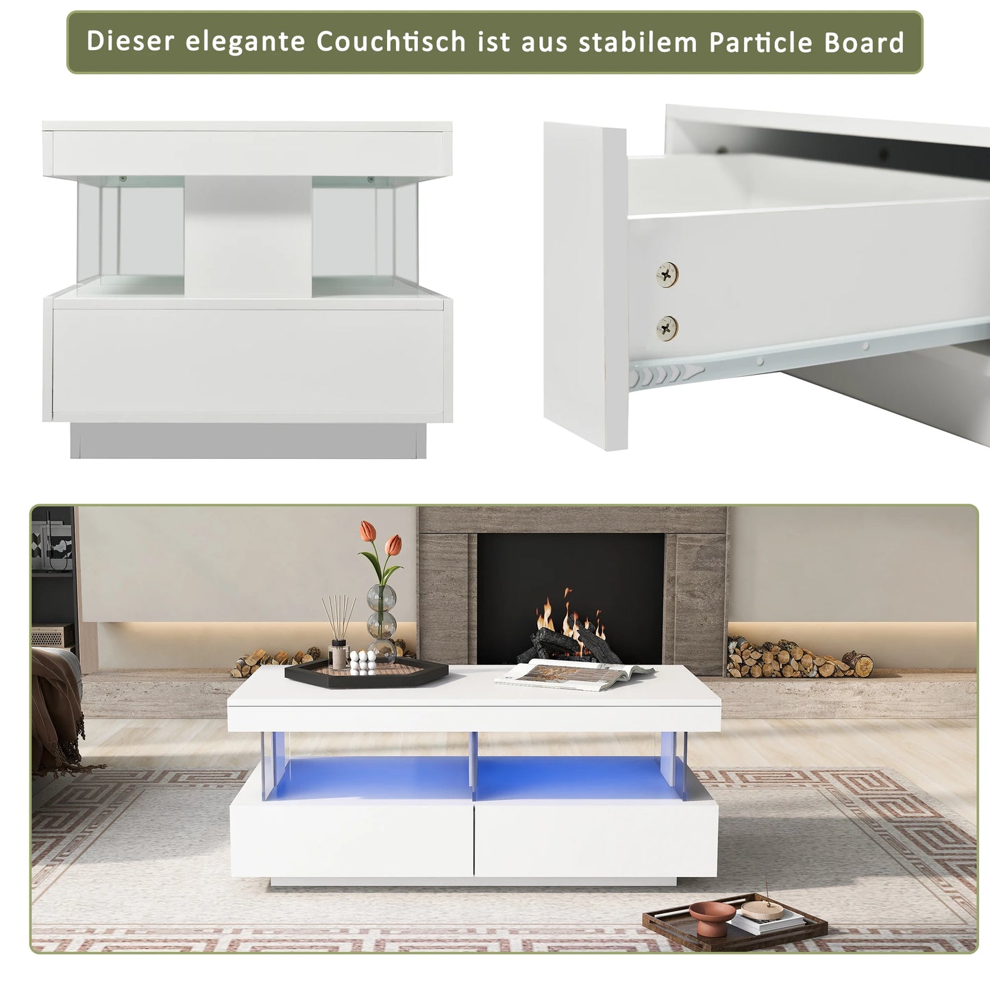 Salontafel – Bijzettafel – Koffietafel – Lage Tafel – Woonkamertafel – Hoogglans Wit – LED-Verlichting – USB-Aansluiting - 100 x 60 x 49.5 cm