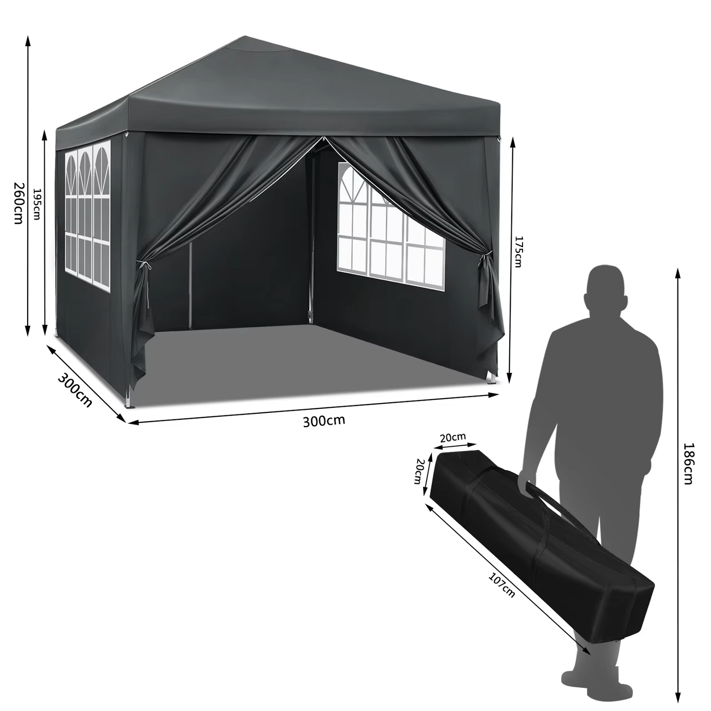 Paviljoen - Tuinpaviljoen - Partytent - Tuintent - Pop-up Kliksysteem - Stabiel - Opvouwbaar - Waterdicht - Winterbestendig - 50+UV-Bescherming - voor Tuin - Buiten - Achtertuin - 210D Oxford-doek - Ijzeren Buis - 5~10M² - 3 x 3 m - Grijs