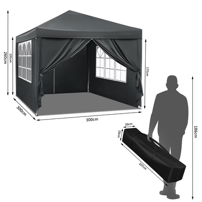Paviljoen - Tuinpaviljoen - Partytent - Tuintent - Pop-up Kliksysteem - Stabiel - Opvouwbaar - Waterdicht - Winterbestendig - 50+UV-Bescherming - voor Tuin - Buiten - Achtertuin - 210D Oxford-doek - Ijzeren Buis - 5~10M² - 3 x 3 m - Grijs