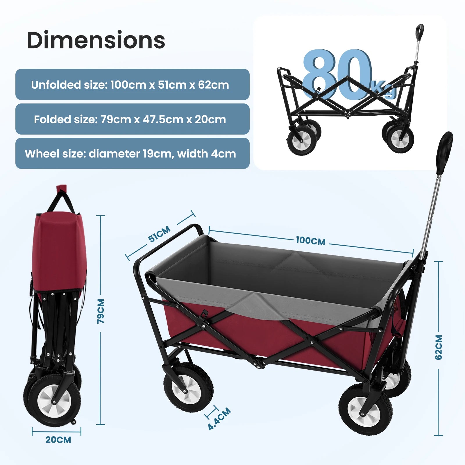 Tuinwagen - Tuinkar - Bolder - Transport - Strand - Heavy-duty - Plat- en - Hekwerkontwerp - 360° Draaibare Wielen - Voor Tuin - Erf - en Magazijn - Ergonomische Handgreep - Draagvermogen 80kg - Antraciet Turquoise - QUORE