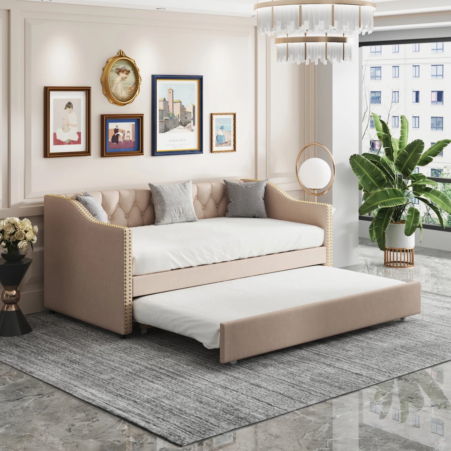 Slaapbankbed – Bedbank – Uitschuifbed – Sofa Bed – Logeerbed – Beige – Duurzame Linnen Bekleding – Stevige MDF Constructie met Lattenbodem 90x200 cm