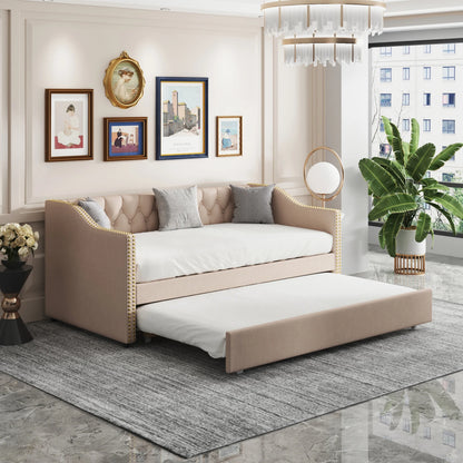 Slaapbankbed – Bedbank – Uitschuifbed – Sofa Bed – Logeerbed – Beige – Duurzame Linnen Bekleding – Stevige MDF Constructie met Lattenbodem 90x200 cm