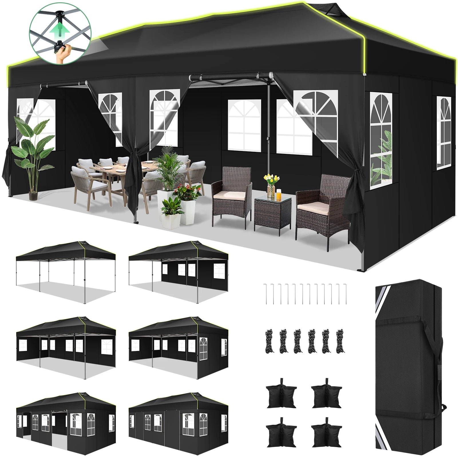 Tuinpaviljoen – Partytent – Prijstent – Inklapbare Feesttent – Tuinkamer – Overkapping – Waterdicht 210D Oxford Materiaal – UPF 50+ UV Bescherming - 3x6m - Zwart - QUORE