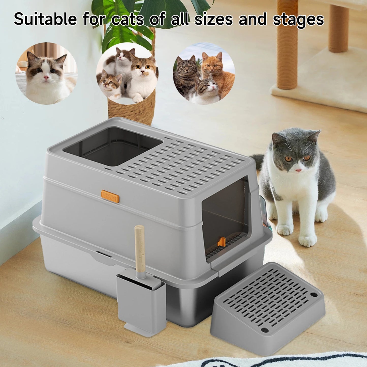 RVS Kattenbak - Kattentoilet Roestvrijstaal - Kattenbak - Incl. Kattenbakschep met Houder en Gritopvang Opstapje - 3-in-1 - Grote - 60x40x39cm - Grijs