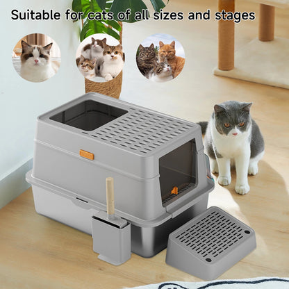 RVS Kattenbak - Kattentoilet Roestvrijstaal - Kattenbak - Incl. Kattenbakschep met Houder en Gritopvang Opstapje - 3-in-1 - Grote - 60x40x39cm - Grijs