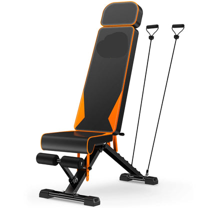 Halterbank - met Weerstandsbanden - Theffen - Sit-ups - Verstelbare - Full-Body Oefeningen - Thuisfitnessruimte - Zwart Oranje - QUORE