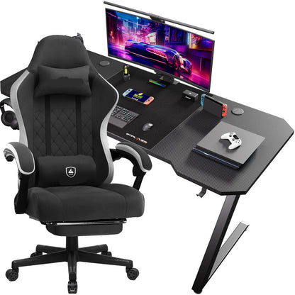 Gaming set – Bureau en stoel – Gamebureau – Werkplek – Gamestoel – Verstelbare stoel – Ergonomisch ontwerp – Metalen frame en krasbestendig tafelblad