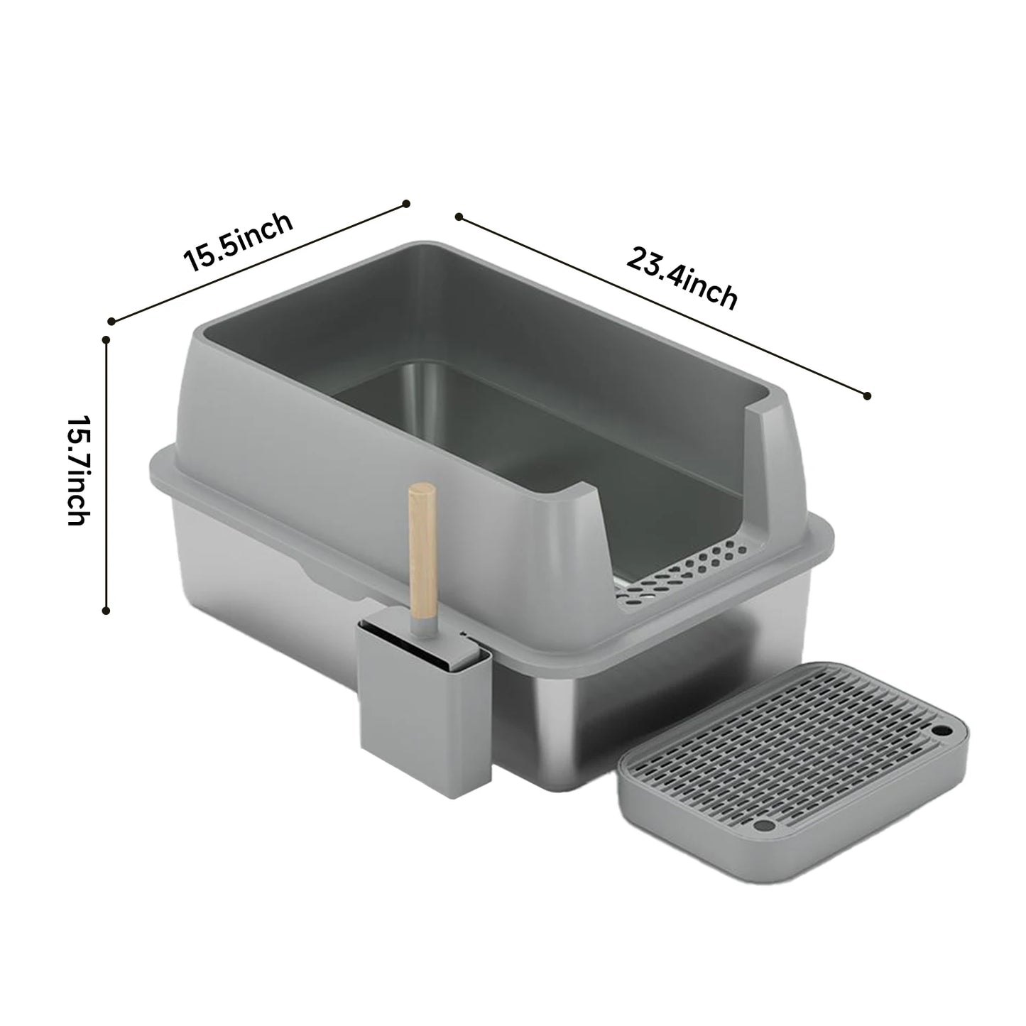 Kattenbak - Extra Grote - RVS - met Hoge Zijkanten - Open Type - Geurvrij en Duurzaam - Grote Katten - Meerdere Katten - Grijs