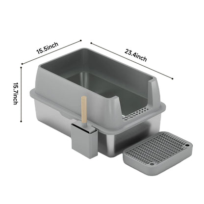 Kattenbak - Extra Grote - RVS - met Hoge Zijkanten - Open Type - Geurvrij en Duurzaam - Grote Katten - Meerdere Katten - Grijs