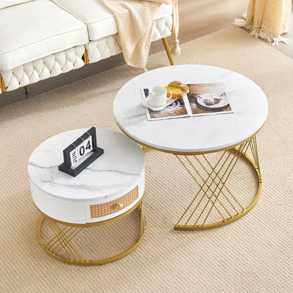 Salontafel Set – Nestbare Tafels – Witte Marmer Salontafel – Lage Tafels – Met Lade – Met Gouden Details