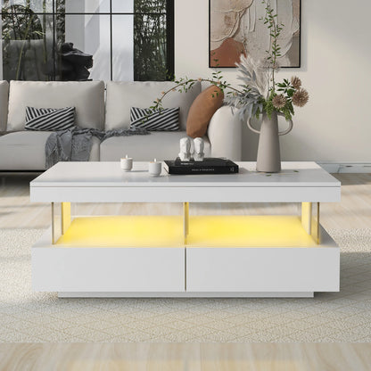 Salontafel – Bijzettafel – Koffietafel – Lage Tafel – Woonkamertafel – Hoogglans Wit – LED-Verlichting – USB-Aansluiting - 100 x 60 x 49.5 cm