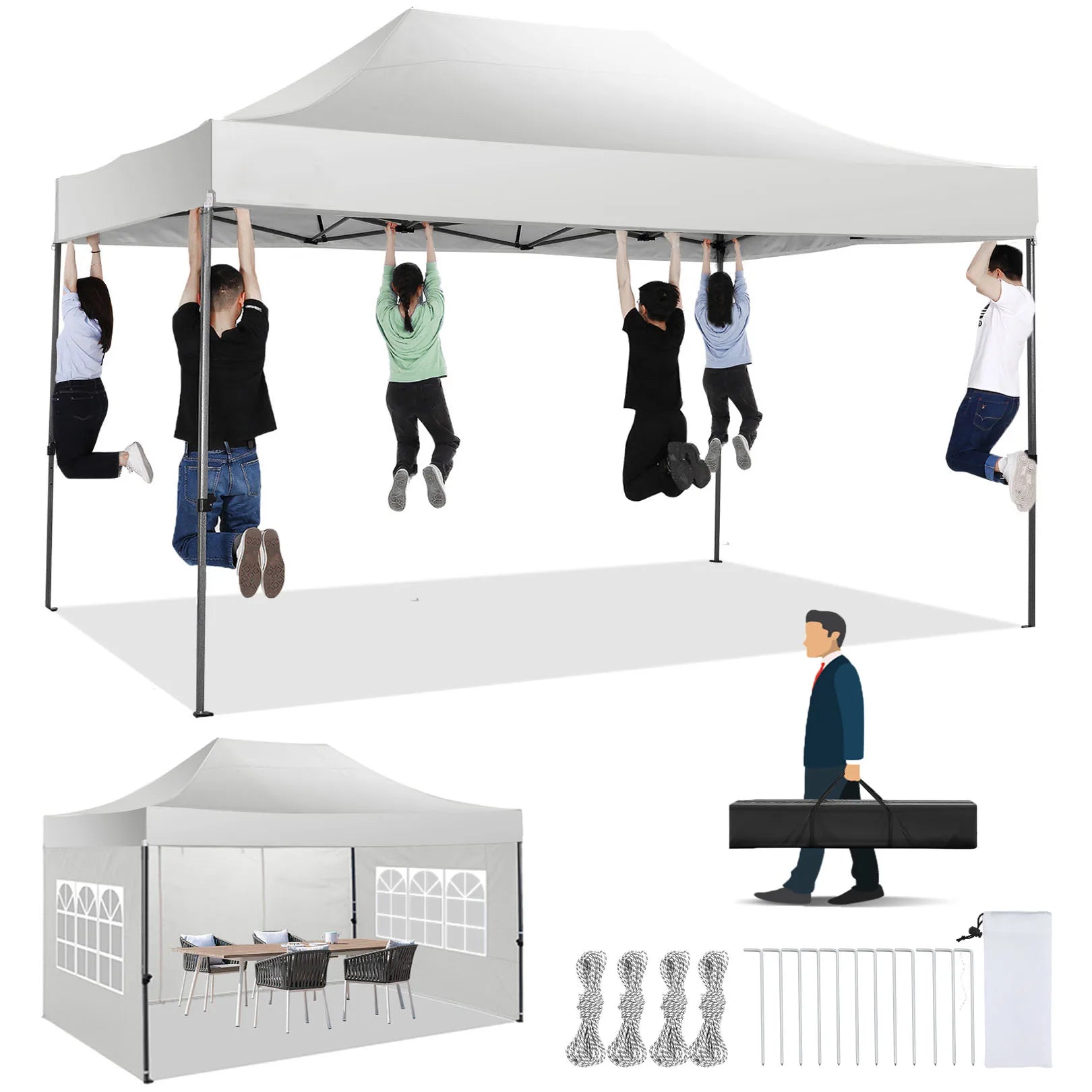 Paviljoen - Tuinpaviljoen - Partytent - Tuintent - Pop-up Kliksysteem - Stabiel - Vouwtent - met 4 Zijwanden - Opvouwbaar - Waterdicht - Winterbestendig - 50+UV-Bescherming - voor Tuin - Buiten - Achtertuin - 3 x 4.5 m - Wit - QUORE