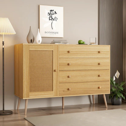 Buffetkast – Opbergkast – Ladekast – Kast Met Deur – 4 Lades – Natuurlijk Houttint – Geschikt Voor Robotstofzuiger - Houtkleur