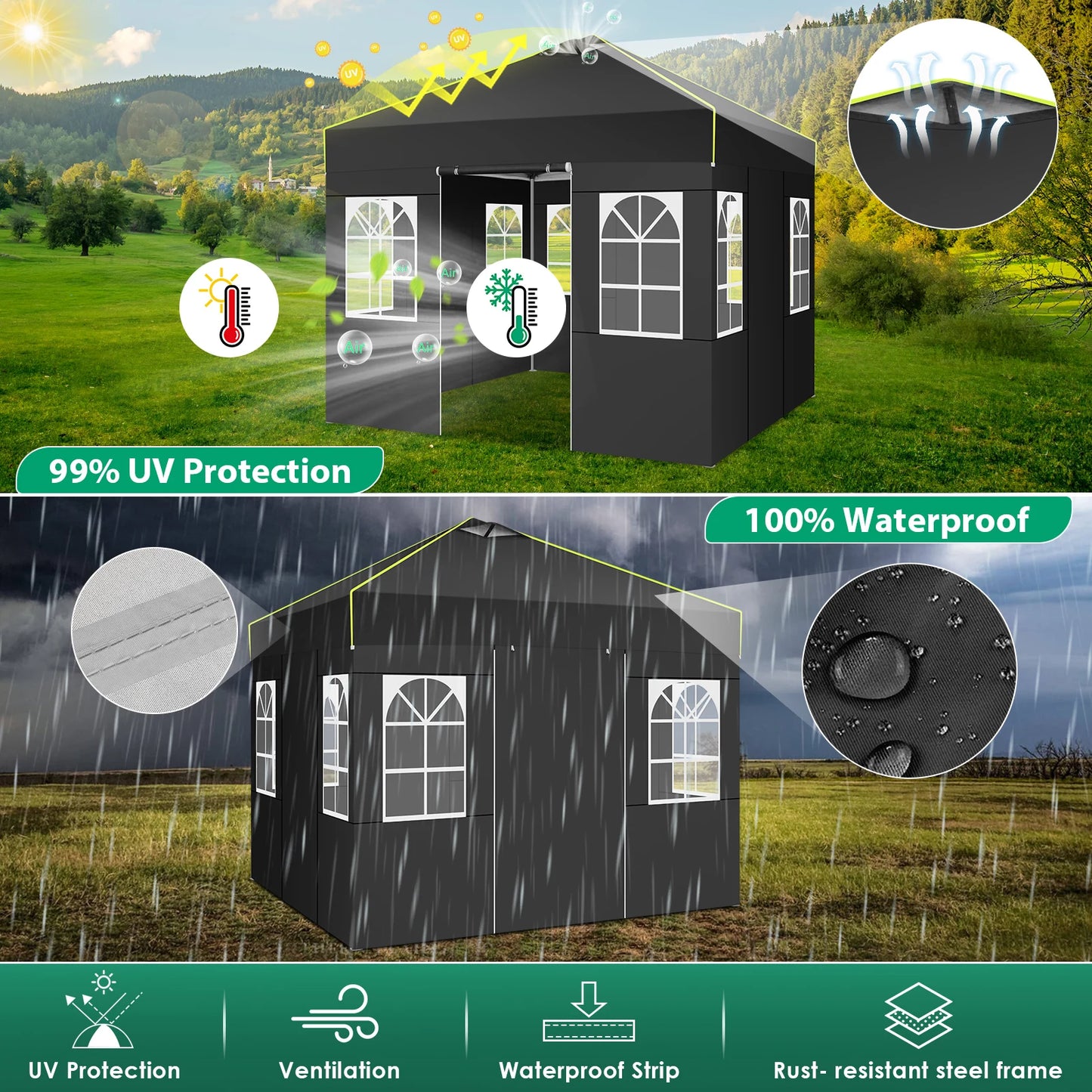Pop-Up Tent – Vouwtent – Evenemententent – Marktkraamtent – Waterdicht Oxford Doek – UPF 50+ Bescherming – Verstelbare Hoogte - 3 x 3 m - Zwart