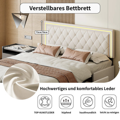 Bed – Bedframe – Slaapbed – Opbergbed – Kunstleerbed – Beige – 160x200 cm – Met 4 Opberglades – Stevig Metalen Frame