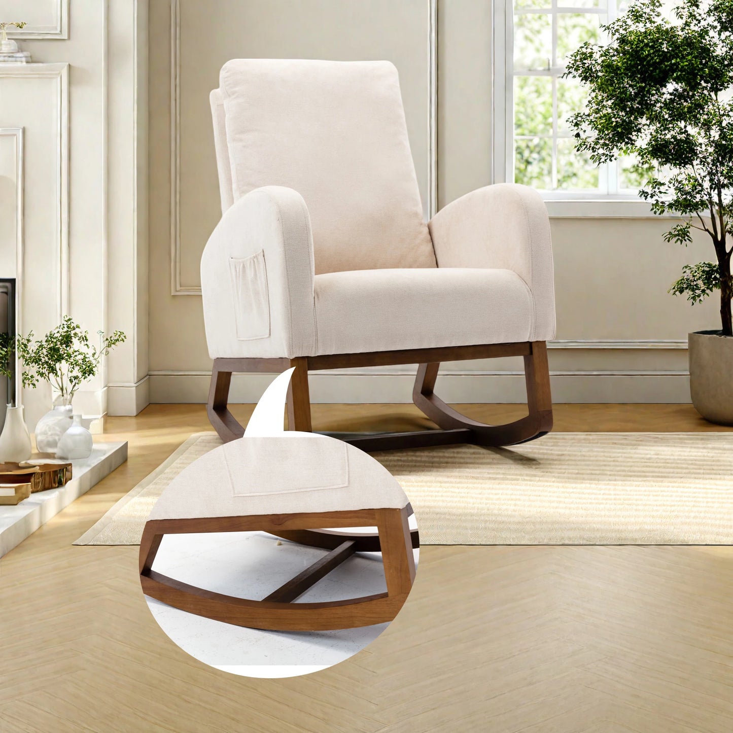 Schommelstoel – Schommelstoel Met Kussen – Relaxstoel – Houten Stoel – Ergonomisch Ontwerp – Hoog Rugleuning – Linnen Kussen - 68.98 x 94 x 100.84 cm - Beige