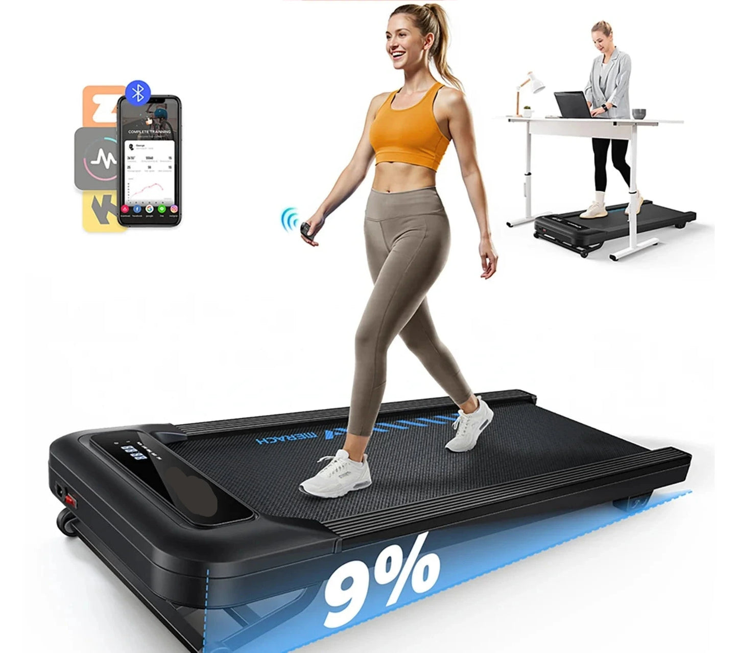 Loopband - Walking Pad - Wandelband - Hardloopband - Loopbanden - 2.5PK - Auto-Incline tot 9% - Leuning - 6,5 cm Hoog - Bluetooth & Afstandsbediening - 45dB - Draagbaar - voor Thuis - Kantoor