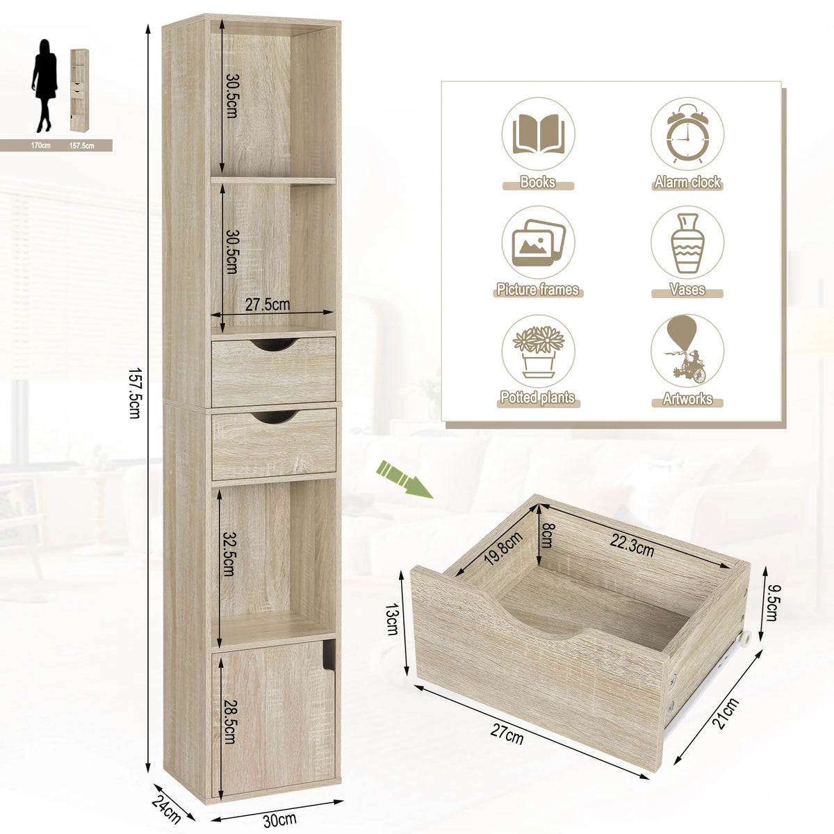 Boekenkasten - Boekenplank - Wandplank - Boekenrek - Opbergrek Organizer - 30x158x24cm - met Lade Deur - voor Woonkamer Decor - Licht Eiken - QUORE