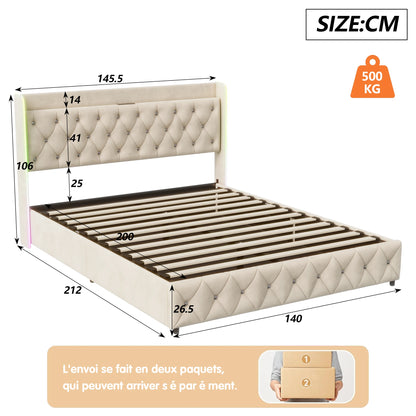 Bedkasten – Opbergbed – Tweepersoonsbed – Nachtkastje – Boxspring – 160x200 cm – Velvet Bekleding – Met LED Hoofdbord en USB Oplaadstation