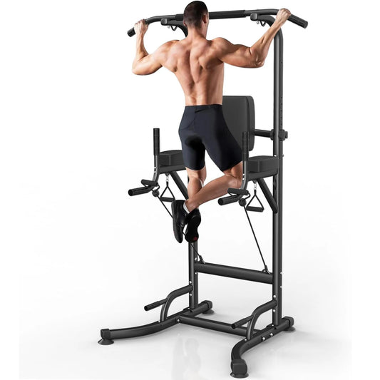 Power Tower - Pull Up Station - Bar - Rack - Dip - Push Up - Multifunctionele - Inclusief Weerstandsbanden - Verstelbaar - Oefening Abdominale Oefeningen - voor Thuis Gym Krachttraining - Zwart - QUORE