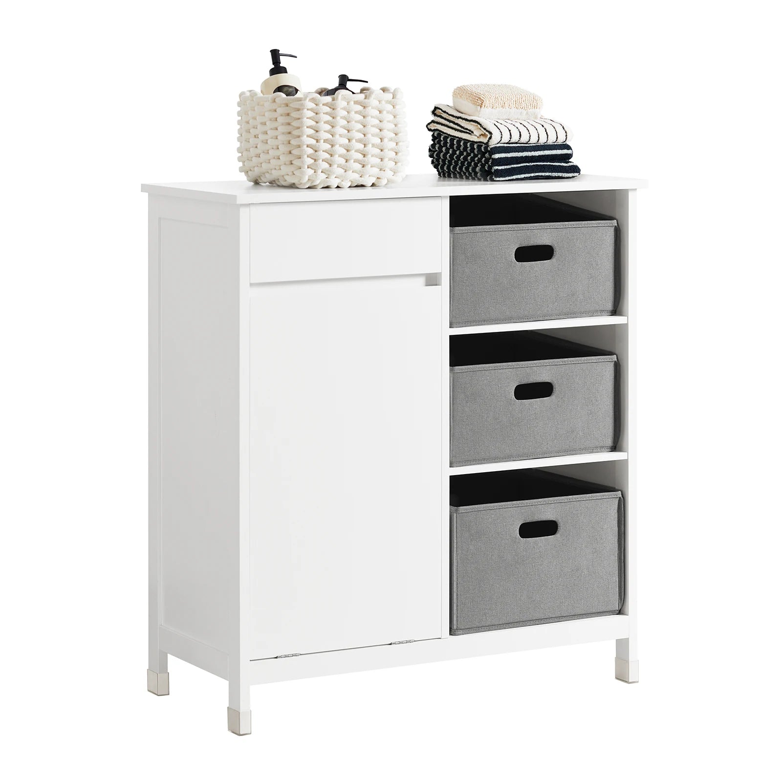 Waskast – Wasmand – Wasbak – Wasruimte Organizer – Wassen Opbergen – Wit – Drie Uitklapbare Wasmanden – Compact Formaat 80x91x38 cm - QUORE