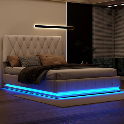 Gestoffeerd Ledikant – Kunstleren Bed – Opbergbed – Bed Met LED Verlichting – Bed Met USB Poorten – 140x200 cm – Hydraulische Opbergruimte – PU Leder Bekleding