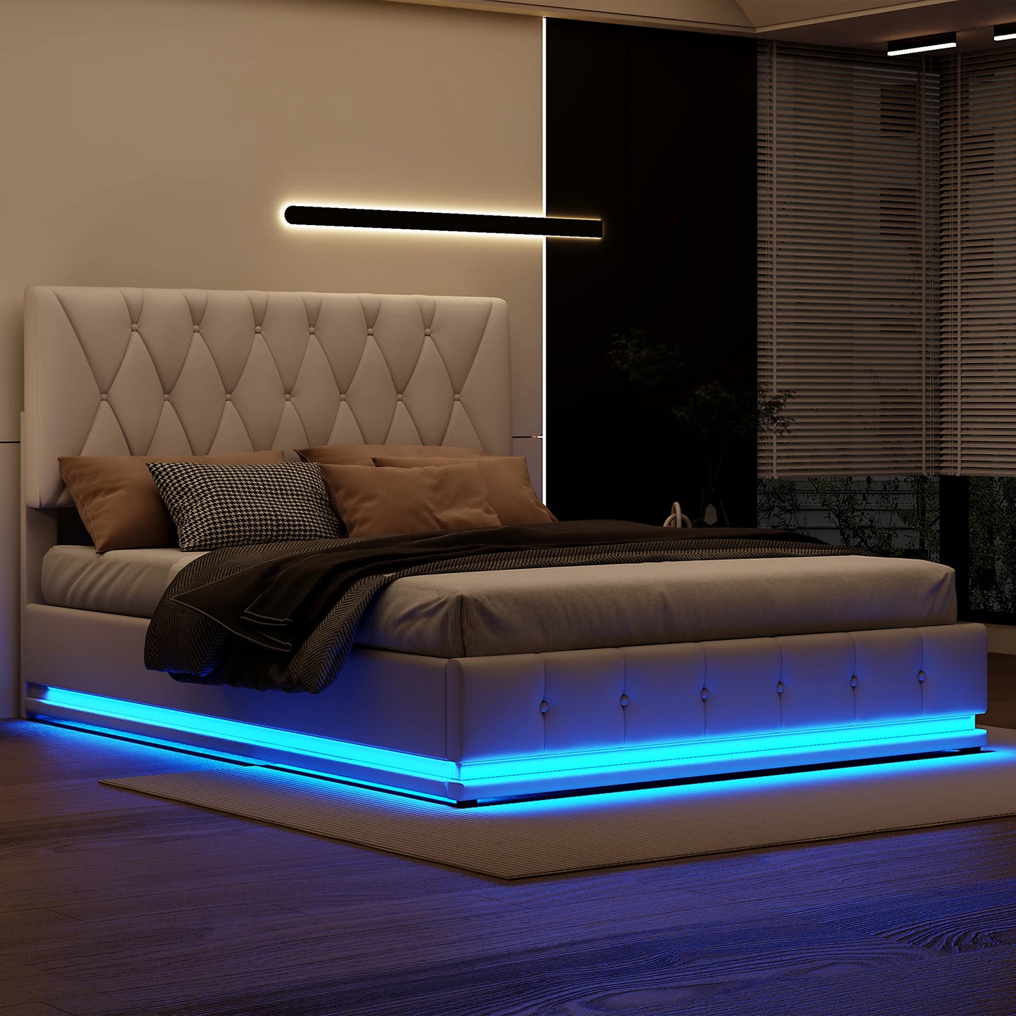 Gestoffeerd Bed – Kunstleren Bed – Opbergbed – Led Bed – Bed Met USB – Wit – 140x200 cm – Hydraulische Opbergruimte – Geïntegreerde LED-Verlichting