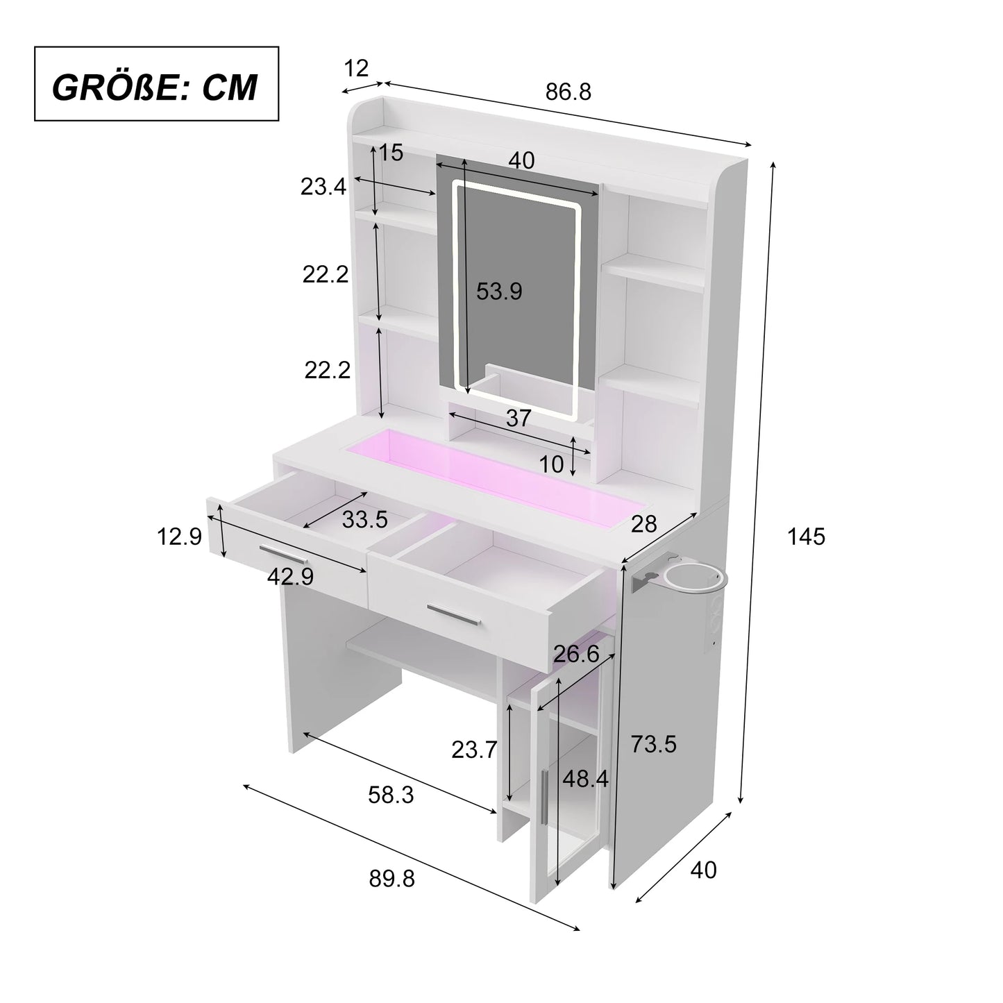 Make-up Tafel – Kaptafel – Schminktisch – Make-up Bureau – Verstelbare LED Verlichting – Wit Glasblad Met Laden – Hoekopstelling