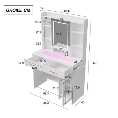 Make-up Tafel – Kaptafel – Schminktisch – Make-up Bureau – Verstelbare LED Verlichting – Wit Glasblad Met Laden – Hoekopstelling