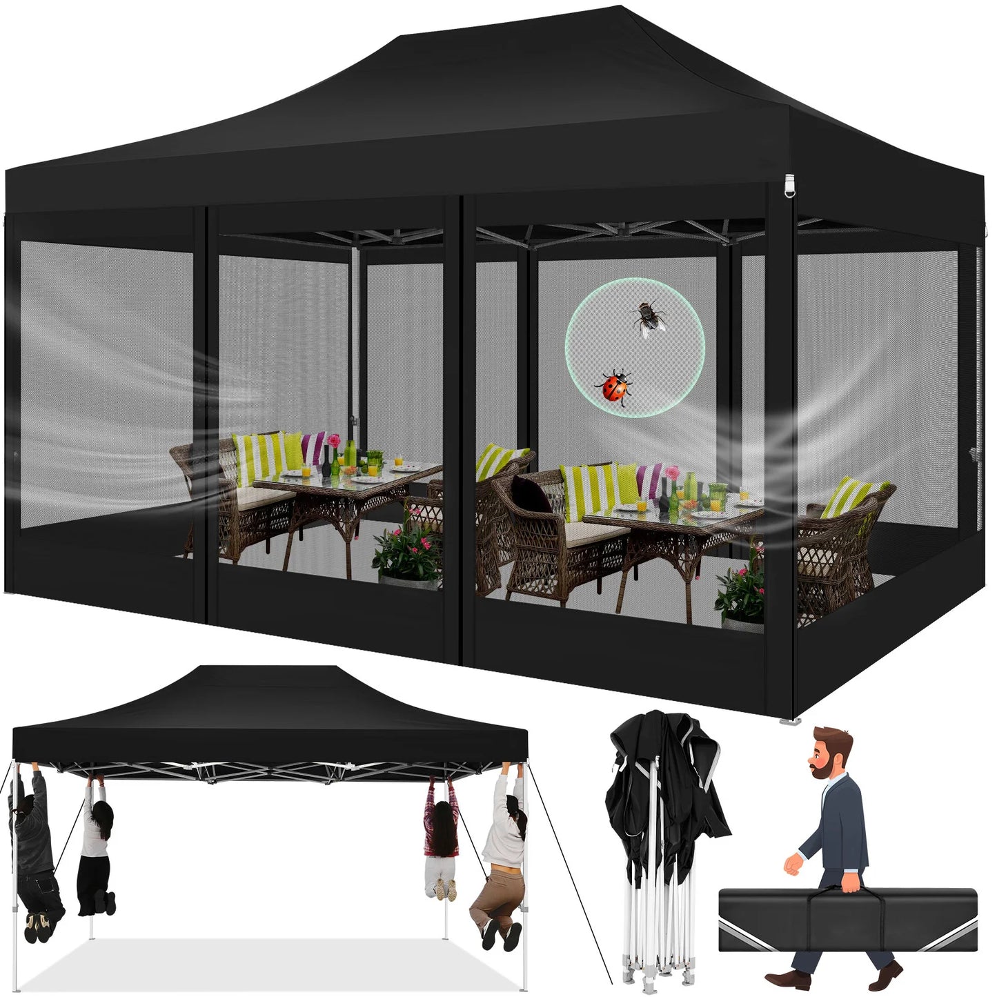 Tuinpaviljoen – Tuinhuisje – Pop-Up Tent – Buitenverblijf – Luifel – Waterdicht Frame – Verstelbare Hoogte - Zwart