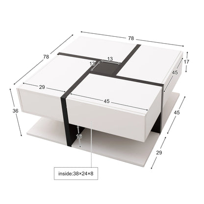 Salontafel – Koffietafel – Woonkamertafel – Opbergtafel – Vierkant – Vier Laden – Hoogglans Afwerking - 78  x 78  x 36 cm - Wit
