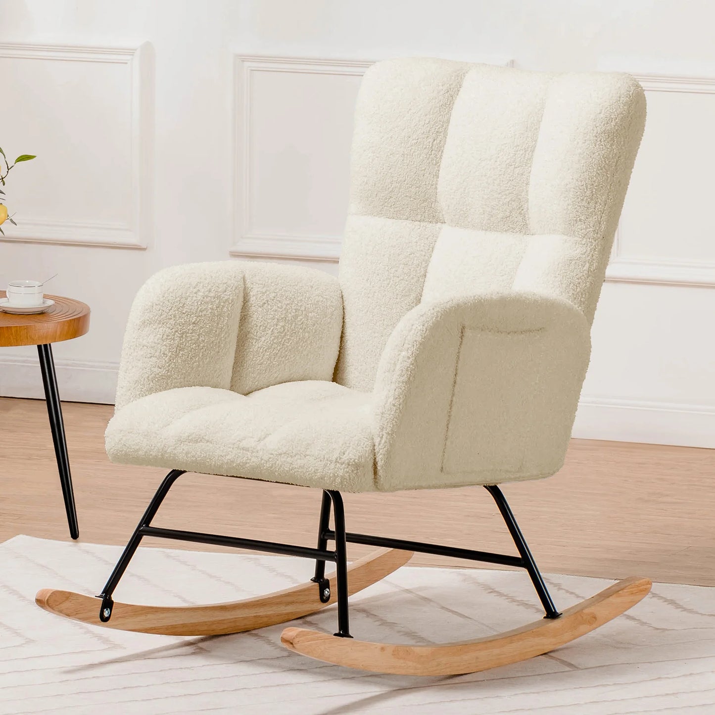 Schommelstoel – Relaxstoel – Fauteuil – Voedingsstoel – Loungestoel – Beige Teddy Stof – Ergonomisch Met Armleuningen