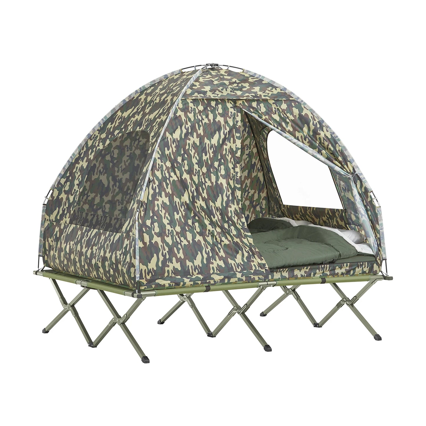 Kampeerpakket 4-in-1 – Tent – Campingbed – Luchtmatras – Slaapzak – Voor 2 Personen – Waterdicht Polyester – Stevig Metalen Frame - QUORE